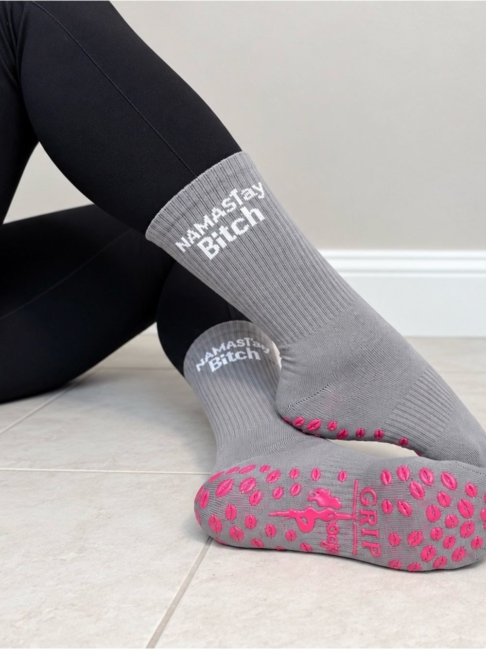 Gray 'Namaslay B*tch' Grip socks